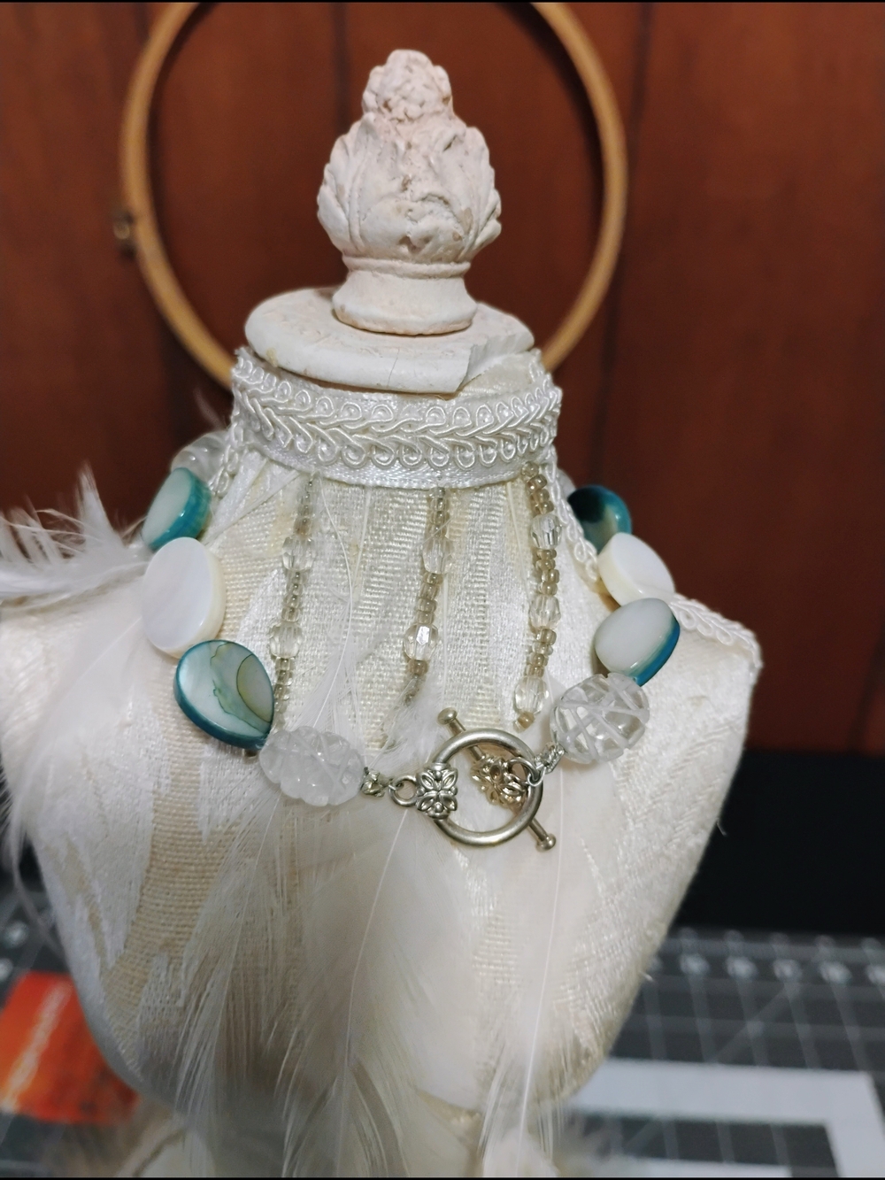 Handmade White and Teal Mother-of-Pearl Beaded Bracelet